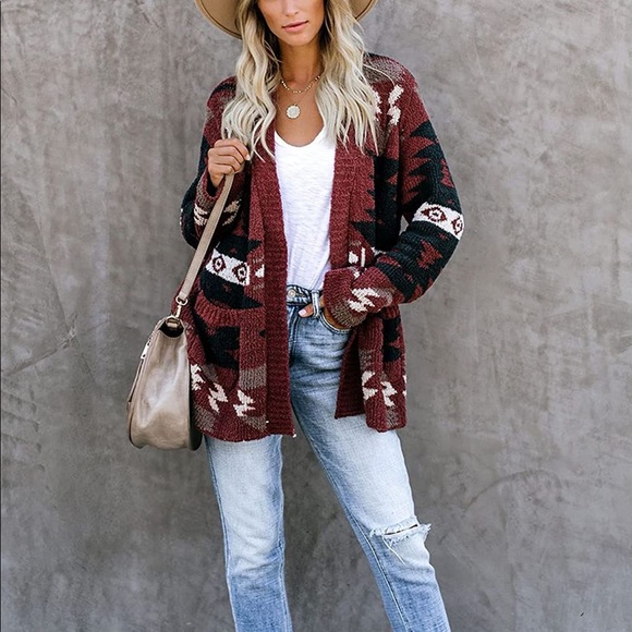 Vici Sweaters - VICI Tribal Print Aztec Long Sleeve Open Front Cardigan Sweater Moraga Pocket